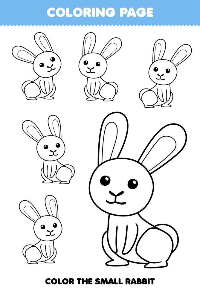 Education game for children coloring page big or small picture of cute cartoon rabbit line art printable farm worksheet vector