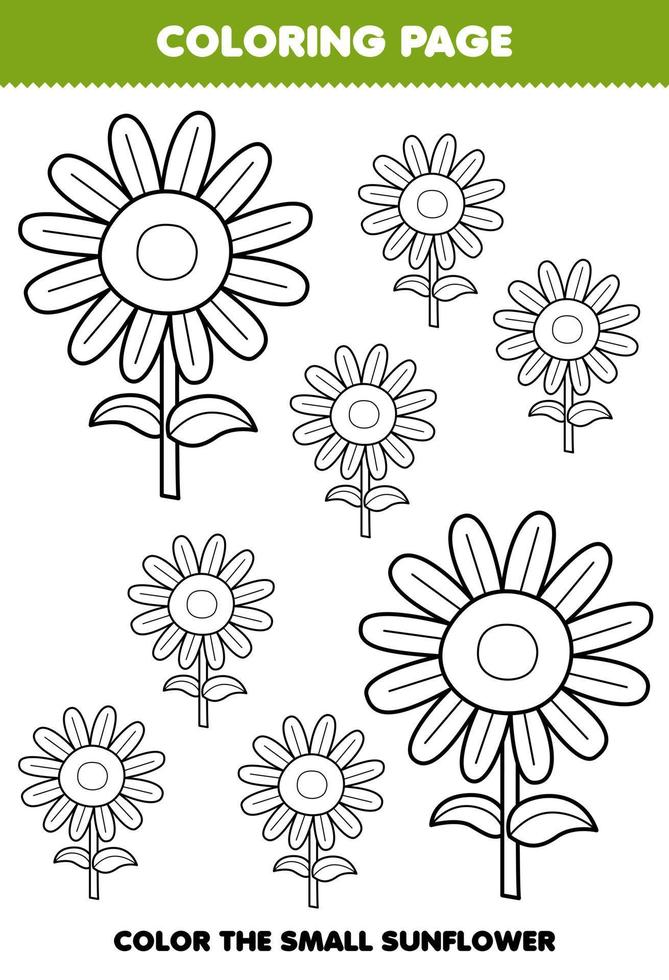 Education game for children coloring page big or small picture of cute cartoon sunflower line art printable farm worksheet vector