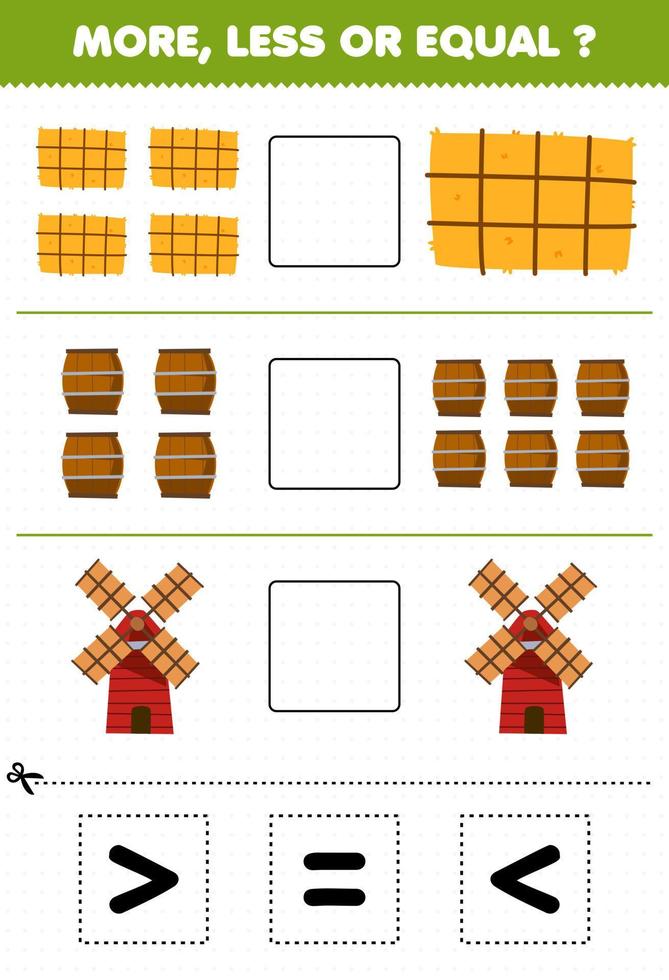 Education game for children more less or equal count the amount of cute cartoon hay barrel windmill then cut and glue cut the correct sign farm worksheet vector