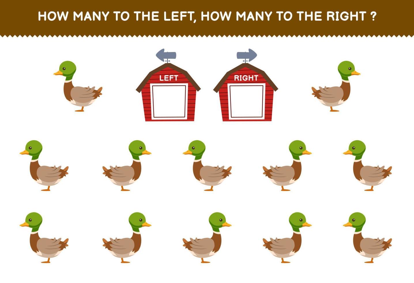 Education game for children of counting left and right picture of cute cartoon duck printable farm worksheet vector