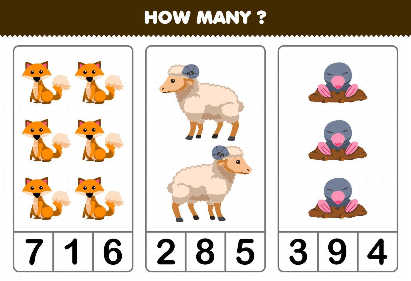 juego educativo para niños contando cuántos dibujos animados lindo zorro oveja topo hoja de trabajo de granja imprimible vector