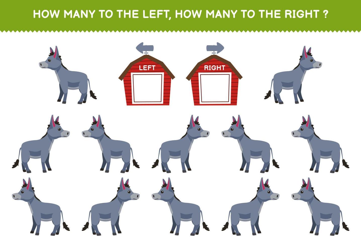 Education game for children of counting left and right picture of cute cartoon donkey printable farm worksheet vector
