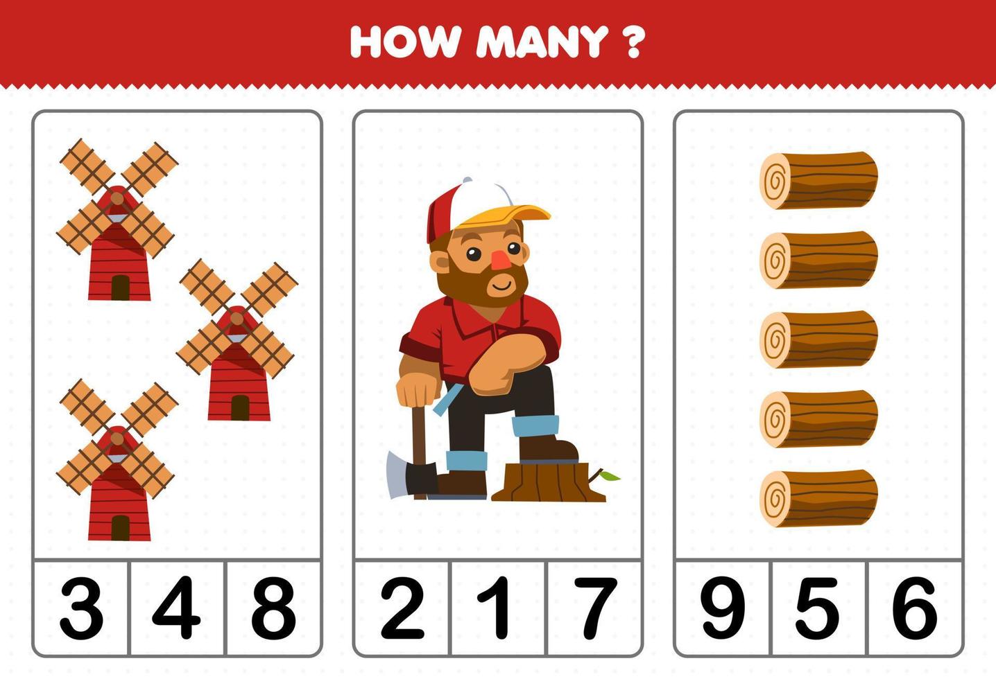 Education game for children counting how many cute cartoon windmill woodcutter wood log printable farm worksheet vector