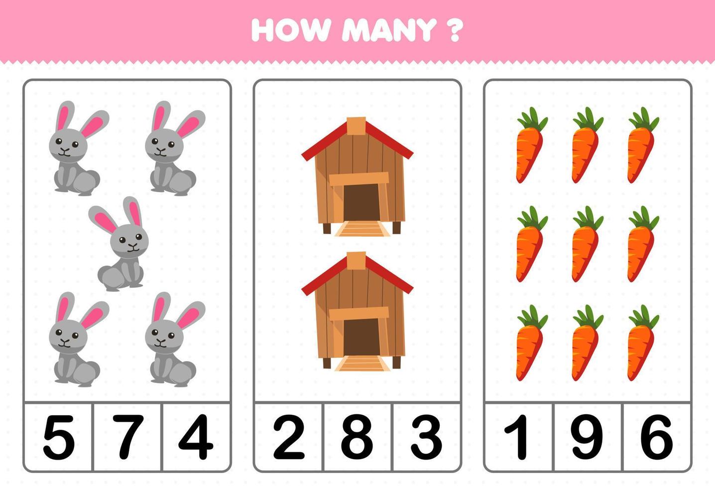 juego educativo para niños contando cuántos lindos dibujos animados conejo conejera zanahoria hoja de trabajo imprimible granja vector