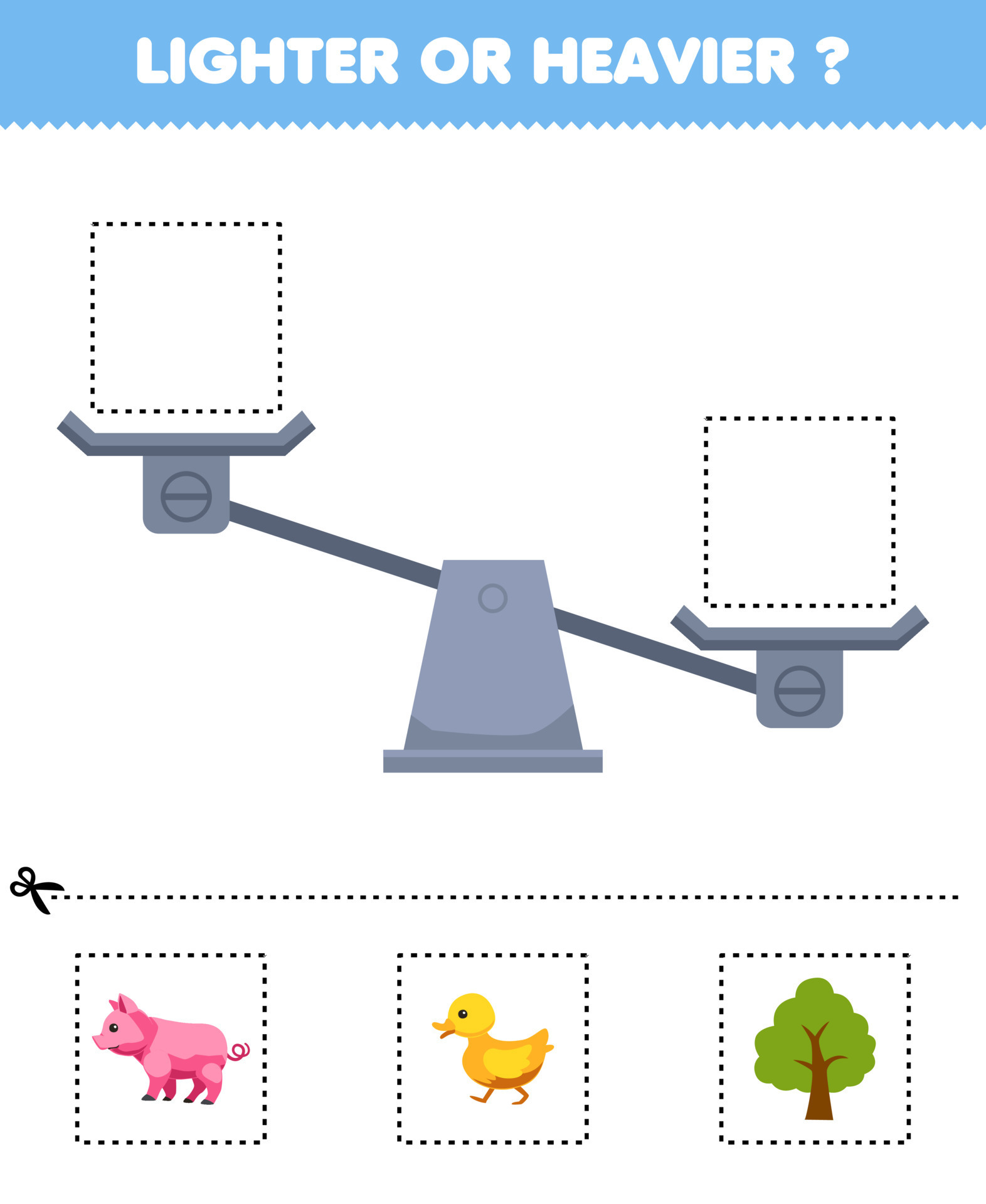 Education game for children lighter or heavier cut pictures below and