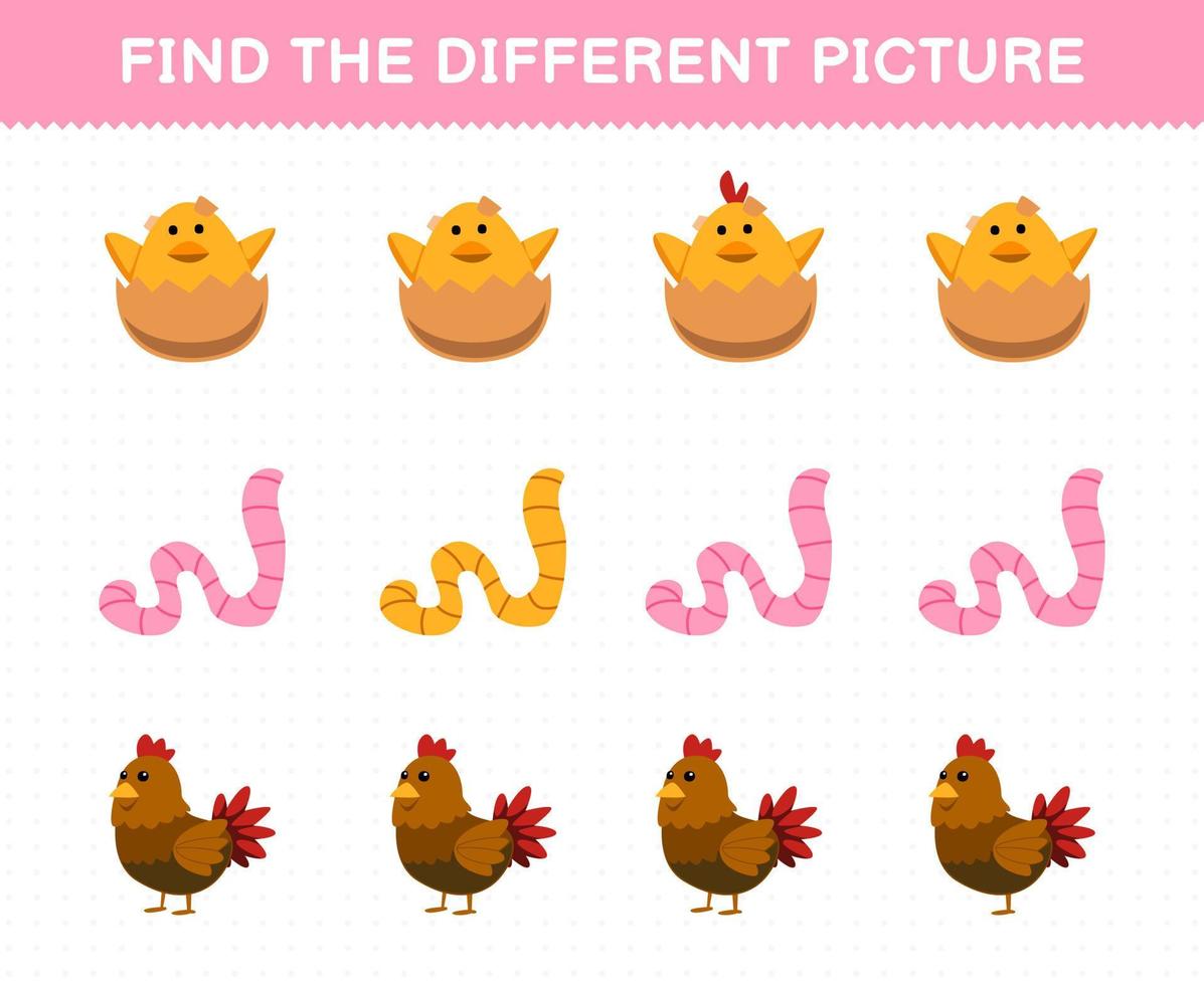 Education game for children find the different picture in each row of cute cartoon chicken hen chick worm printable farm worksheet vector