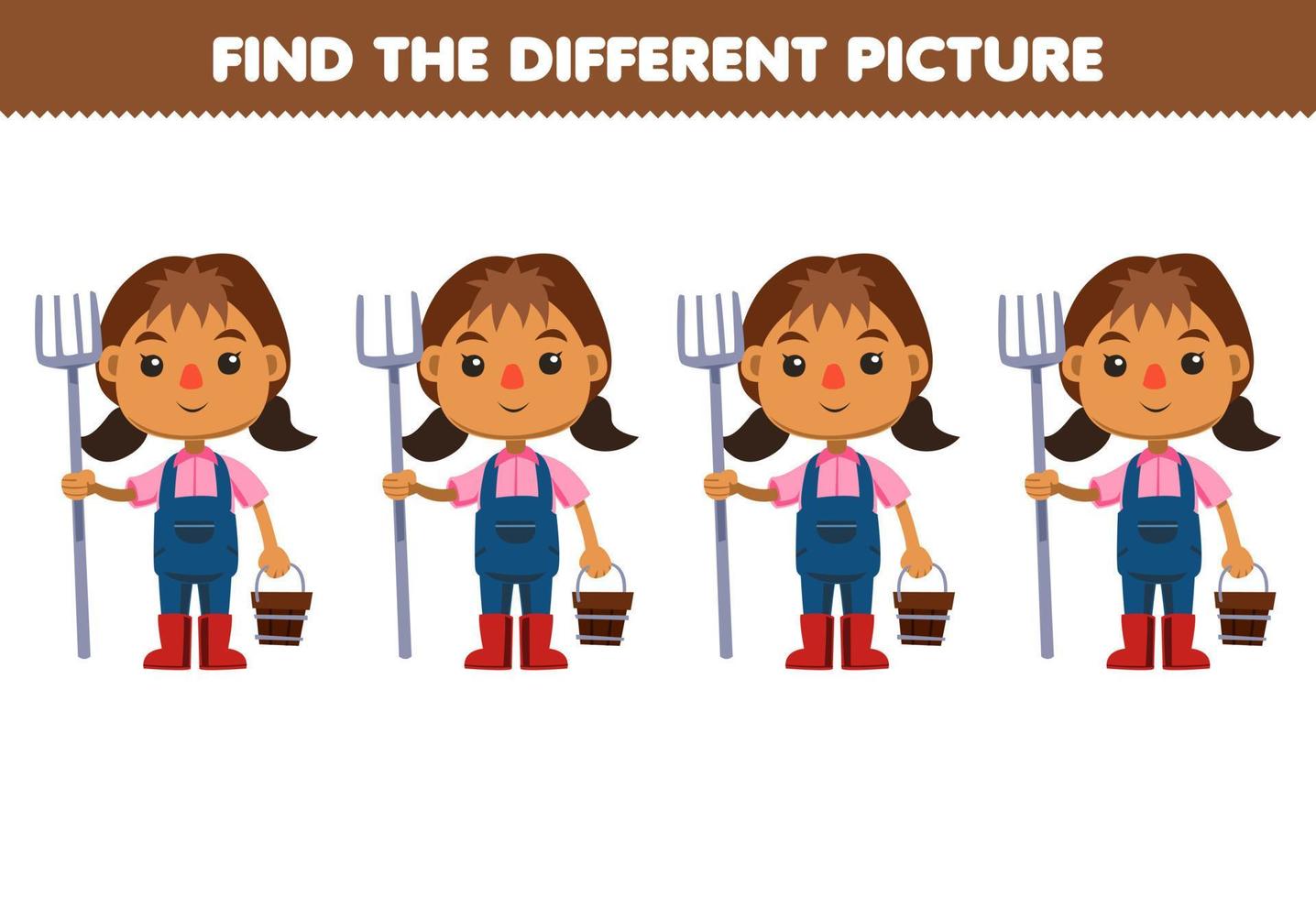 Education game for children find the different picture of cute cartoon farmer girl carrying rake and bucket printable farm worksheet vector