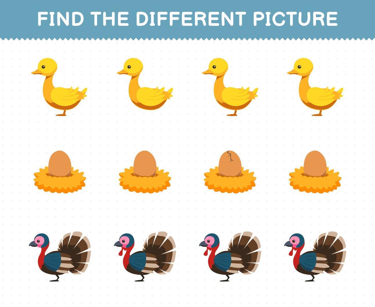 Education game for children find the different picture in each row of cute cartoon duck egg turkey printable farm worksheet vector