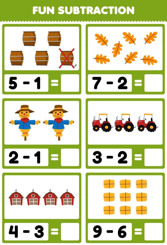 juego educativo para niños diversión resta contando y eliminando dibujos animados lindo barril hoja espantapájaros tractor granero heno hoja de trabajo de granja imprimible vector