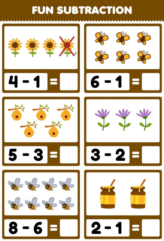 Education game for children fun subtraction by counting and eliminating cute cartoon sunflower butterfly beehive flower bee honey printable farm worksheet vector
