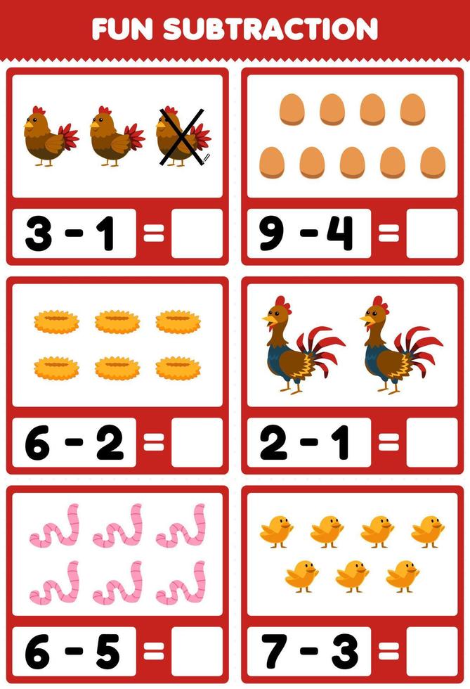 Education game for children fun subtraction by counting and eliminating cute cartoon chicken hen egg nest rooster worm chick printable farm worksheet vector