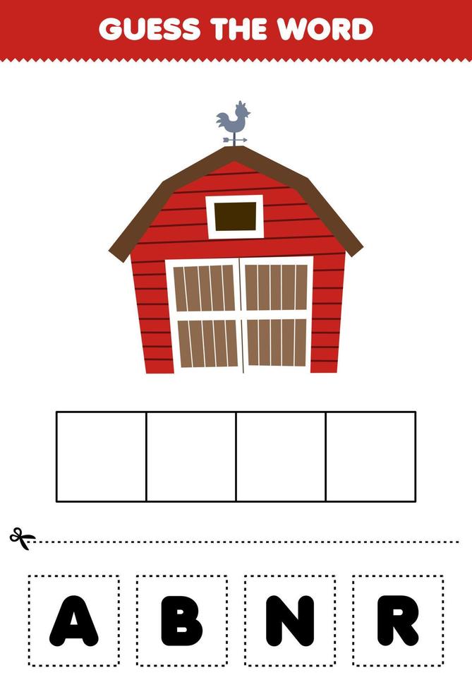 Education game for children guess the word letters practicing of cute cartoon barn printable farm worksheet vector