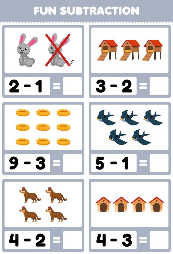 Education game for children fun subtraction by counting and eliminating cute cartoon rabbit hutch nest bird dog kennel printable farm worksheet vector