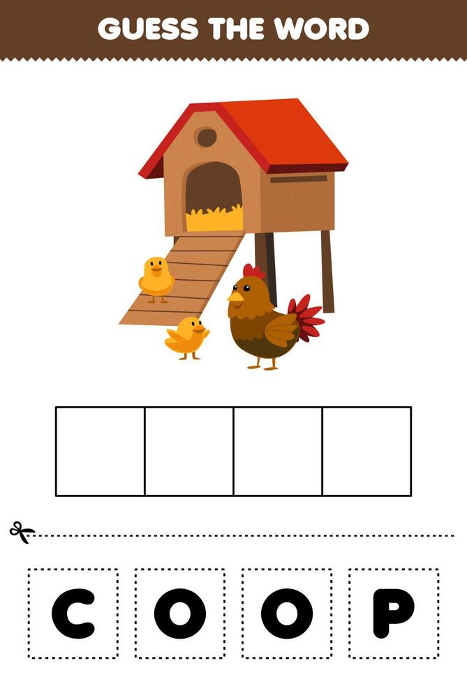 juego educativo para niños adivinar las letras de las palabras practicando la hoja de trabajo imprimible de la granja de dibujos animados lindo coop vector