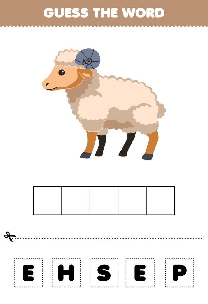 Education game for children guess the word letters practicing of cute cartoon sheep printable farm worksheet vector