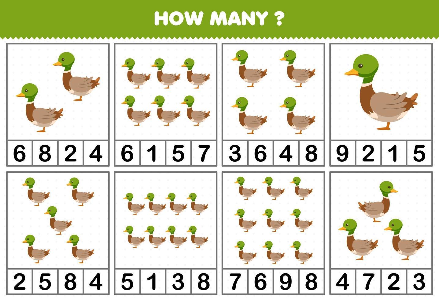 Education game for children counting how many objects in each table of cartoon duck printable farm worksheet vector