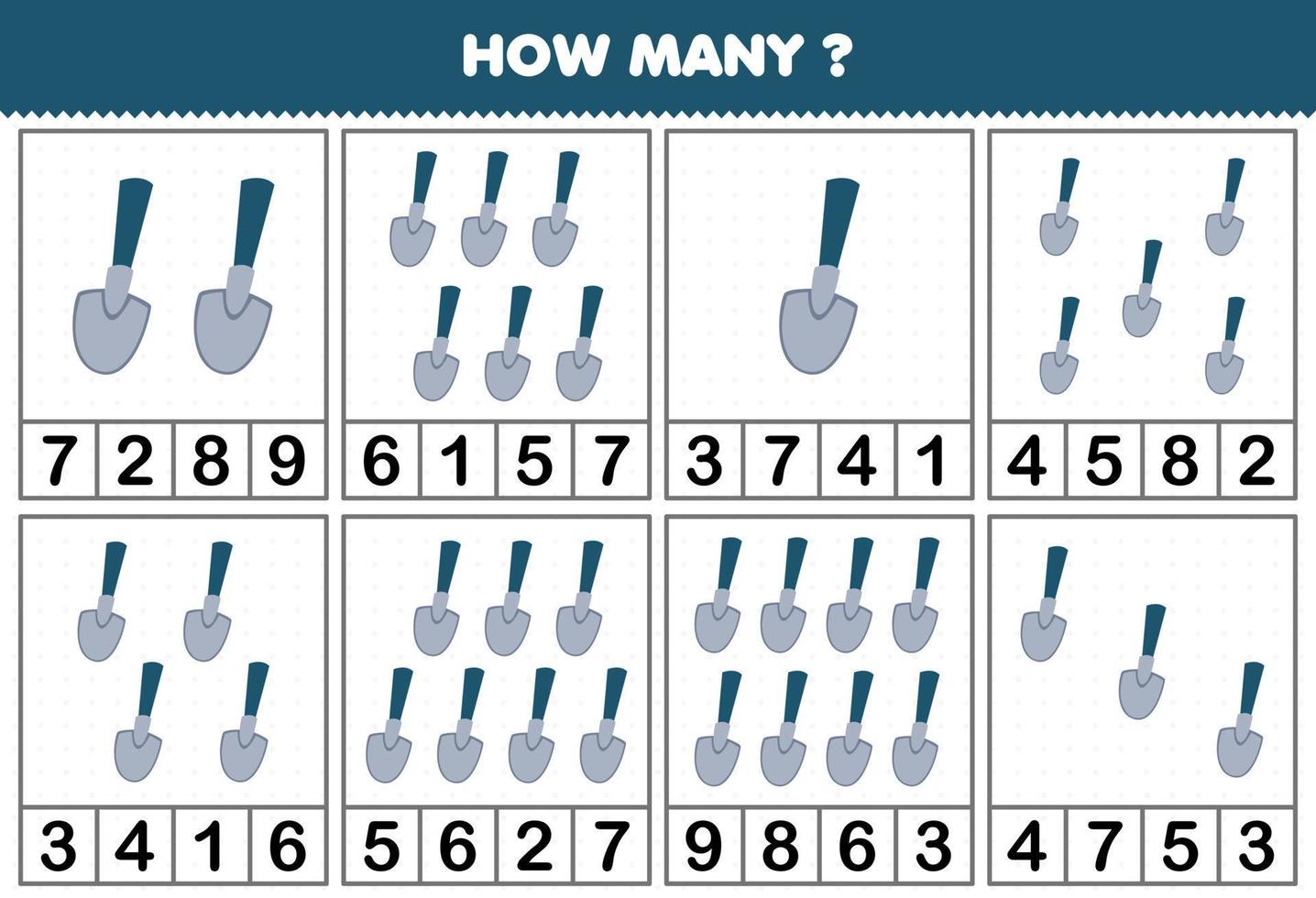 Education game for children counting how many objects in each table of cartoon shovel printable farm worksheet vector