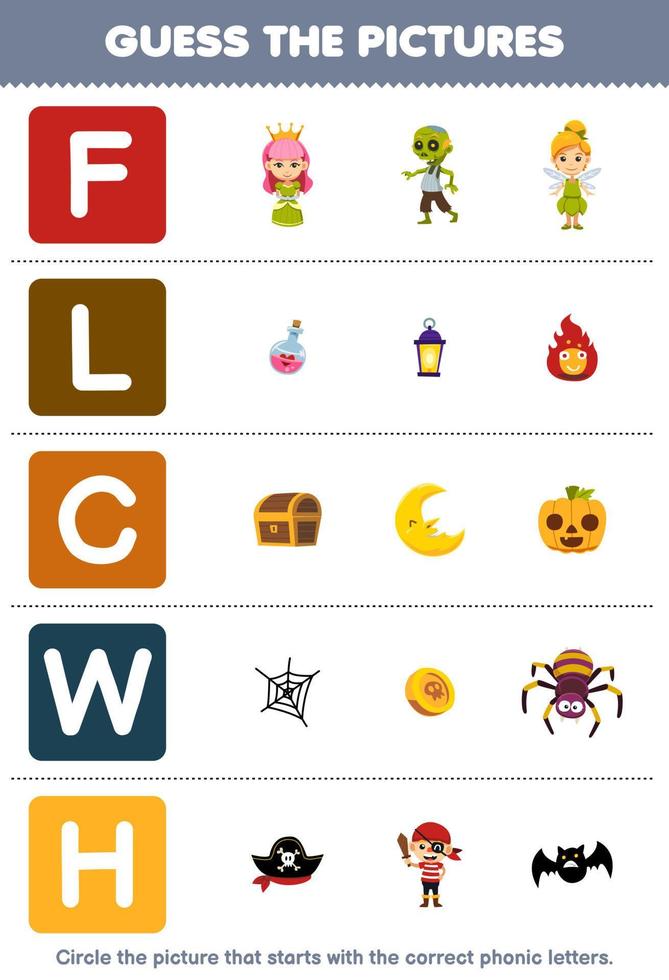 Education game for children guess the correct picture for phonic word that starts with letter F L C W and H printable halloween worksheet vector