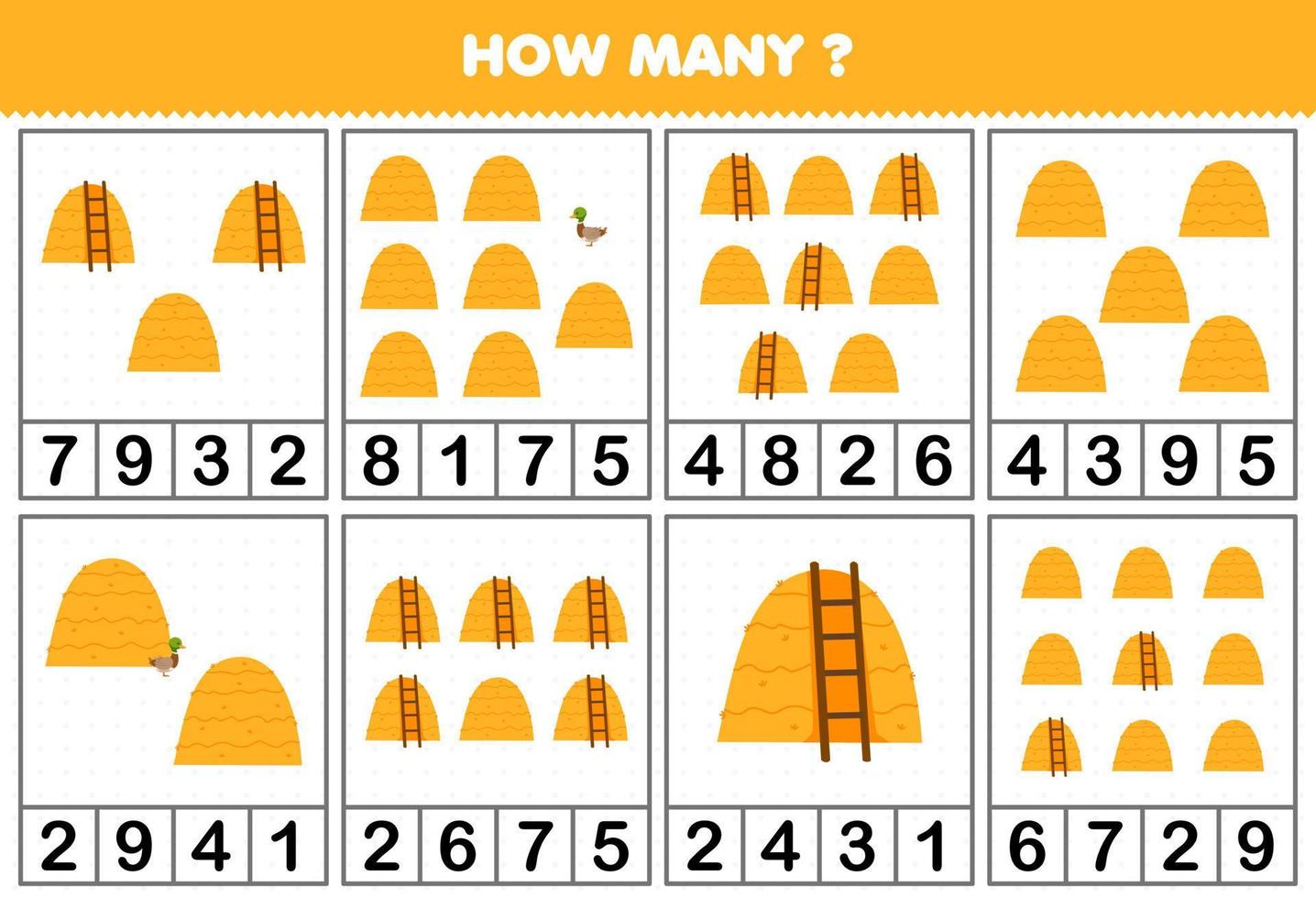 Education game for children counting how many objects in each table of cartoon haystack printable farm worksheet vector