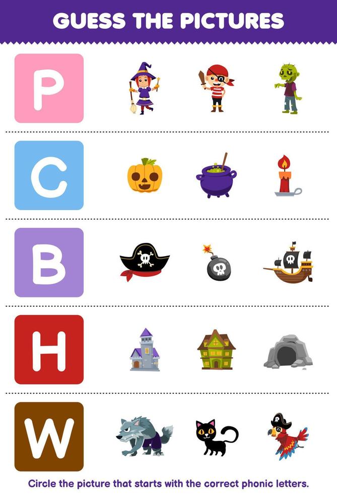 Education game for children guess the correct picture for phonic word that starts with letter P C B H and W printable halloween worksheet vector