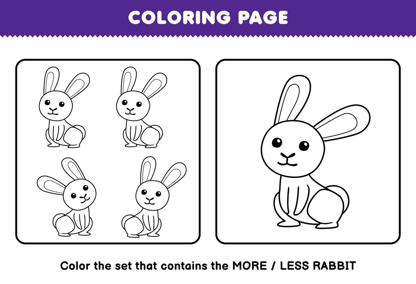 Education game for children coloring page more or less picture of cute cartoon rabbit line art set printable farm worksheet vector