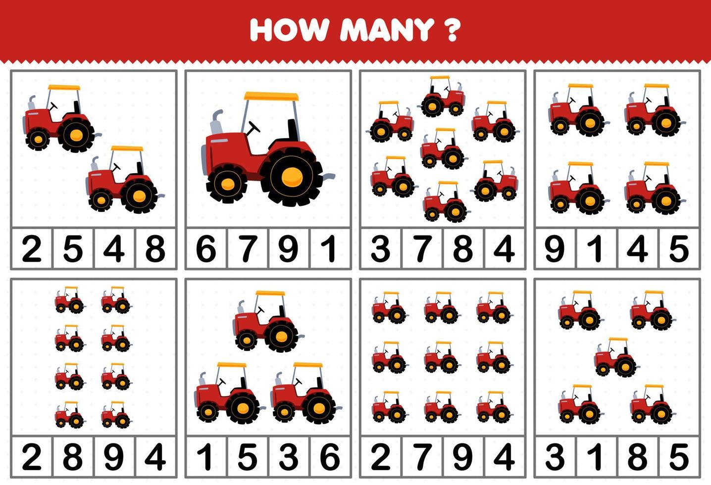 Education game for children counting how many objects in each table of cartoon tractor printable farm worksheet vector
