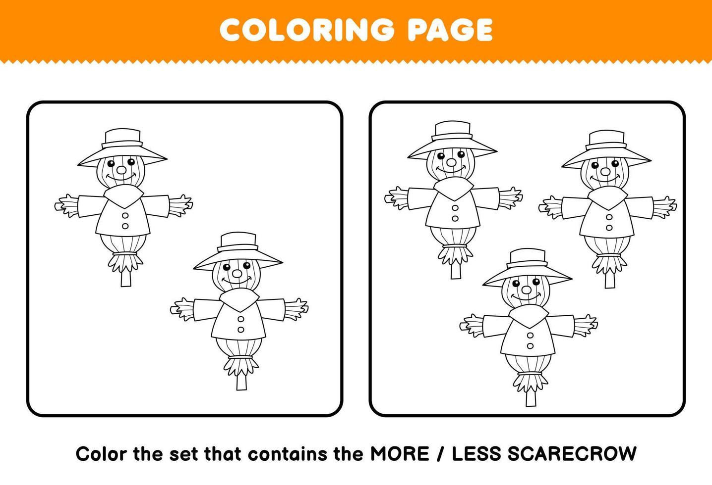 Education game for children coloring page more or less picture of cute cartoon scarecrow line art set printable farm worksheet vector