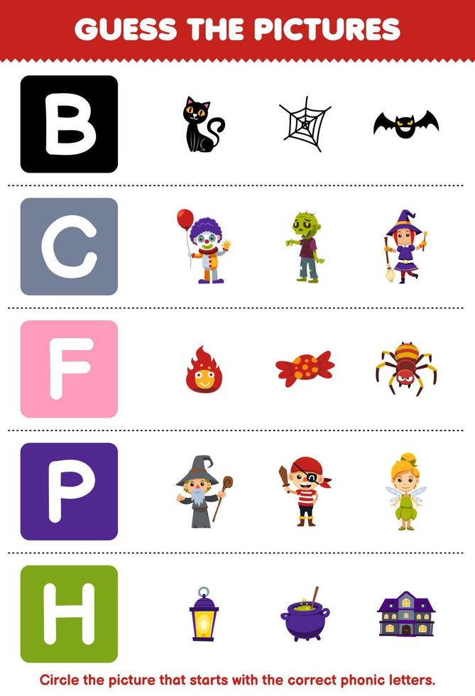 Education game for children guess the correct picture for phonic word that starts with letter B C F P and H printable halloween worksheet vector