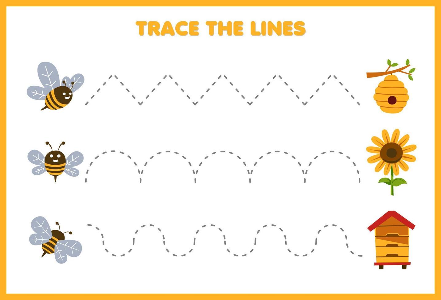 Education game for children handwriting practice trace the lines with cute cartoon bee beehive sunflower picture printable farm worksheet vector