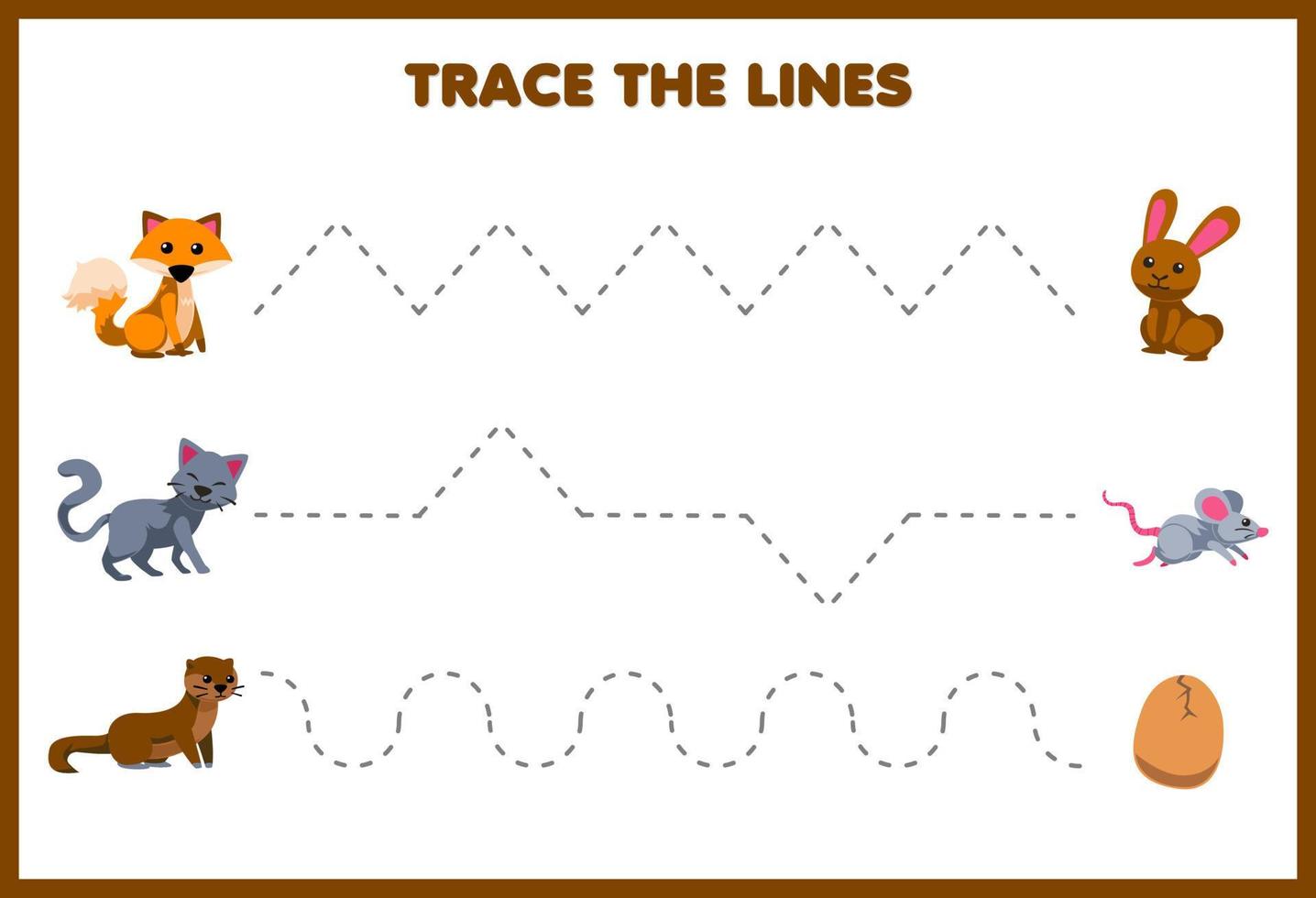 Education game for children handwriting practice trace the lines with cute cartoon fox cat weasel rabbit mouse egg picture printable farm worksheet vector