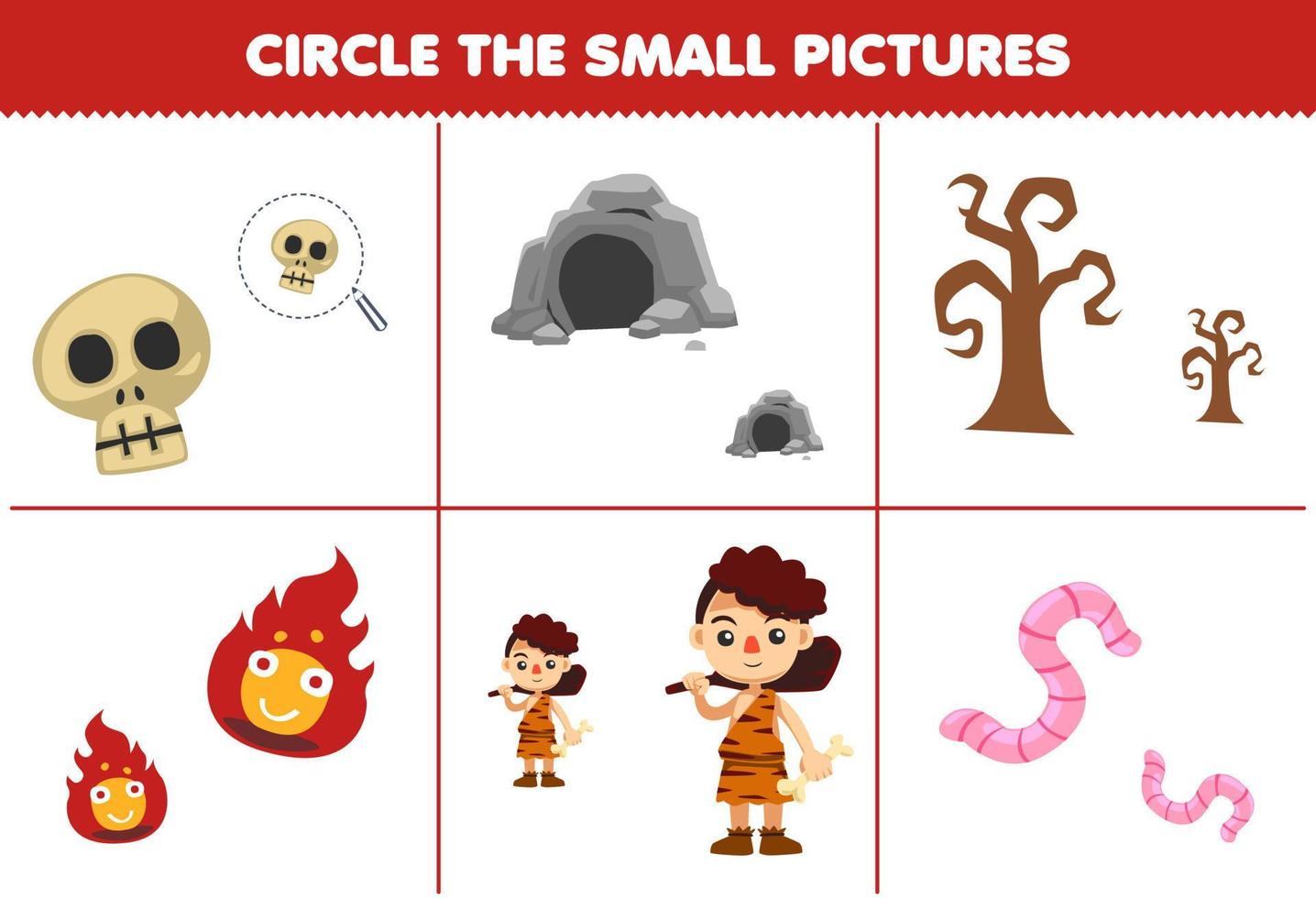 Education game for children circle the small picture of cute cartoon skull cave tree fire caveman worm printable halloween worksheet vector