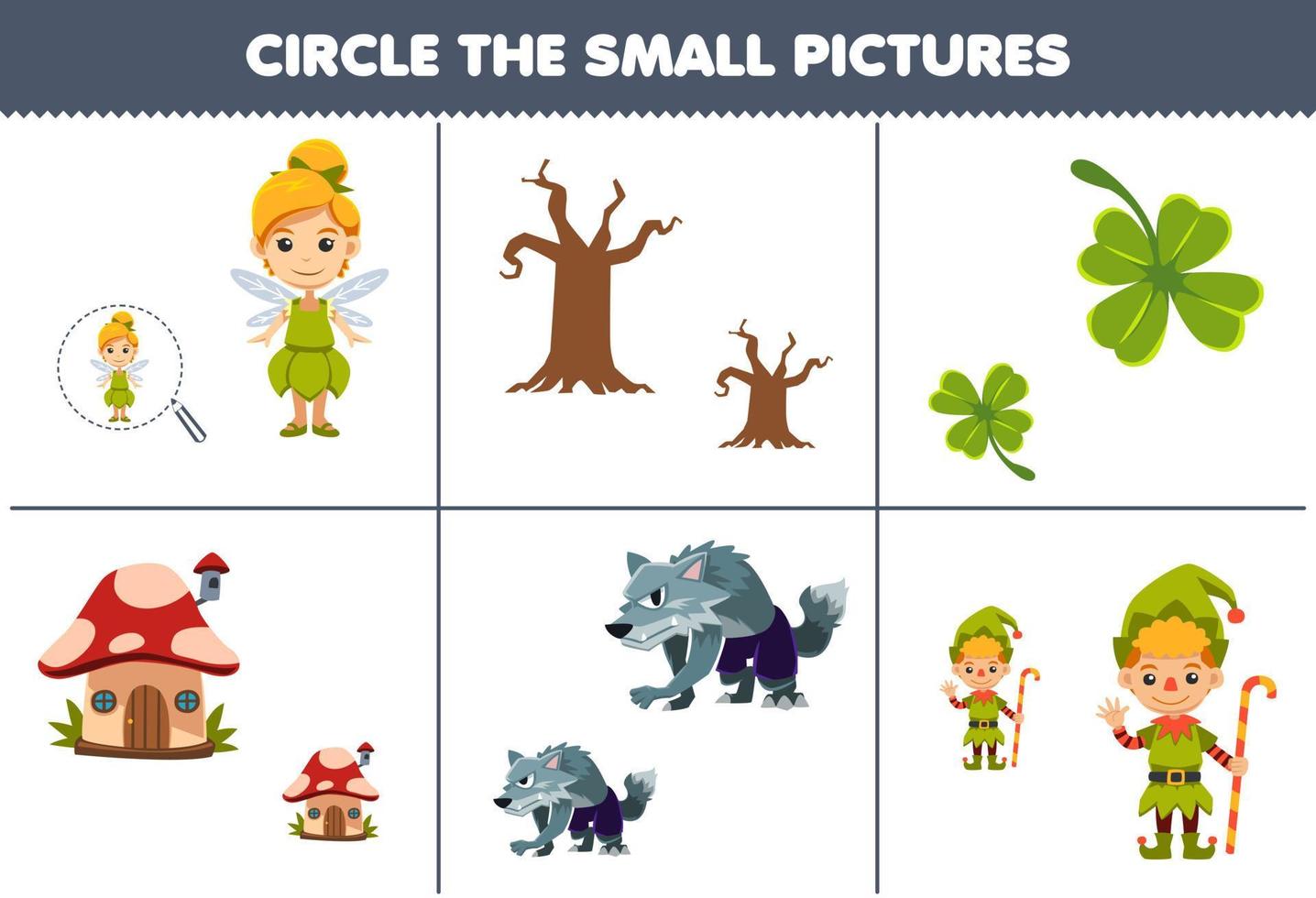 juego educativo para niños encierra en un círculo la imagen pequeña de dibujos animados lindo árbol de hadas hoja de trébol hongo casa hombre lobo enano hoja de trabajo de halloween imprimible vector