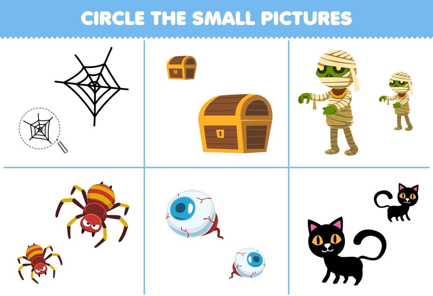 Education game for children circle the small picture of cute cartoon web  spider chest mummy eye cat printable halloween worksheet 12595399 Vector  Art at Vecteezy