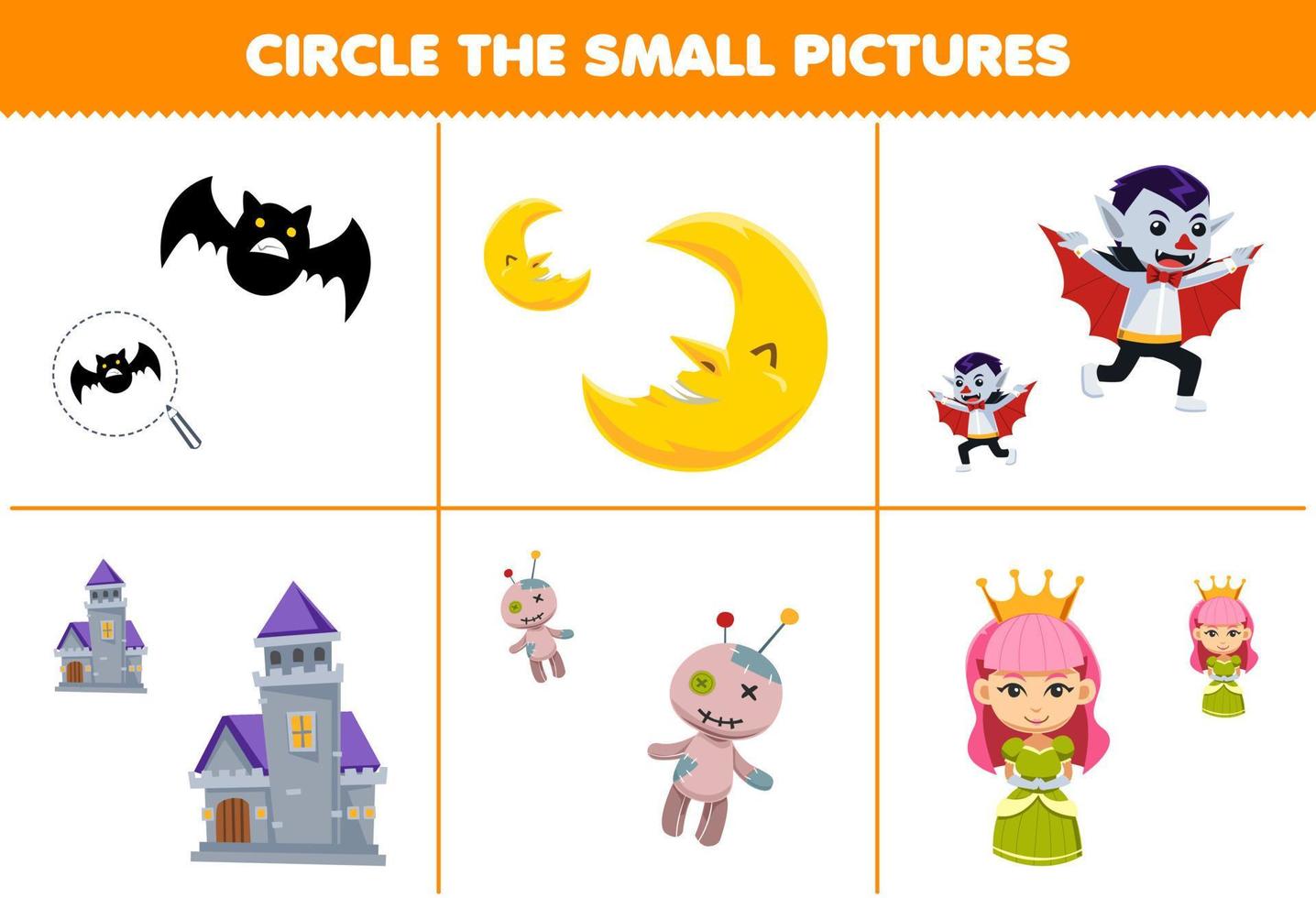 juego de educación para niños encierra en un círculo la imagen pequeña de dibujos animados lindo murciélago luna castillo de drácula vudú muñeca reina hoja de trabajo imprimible de halloween vector