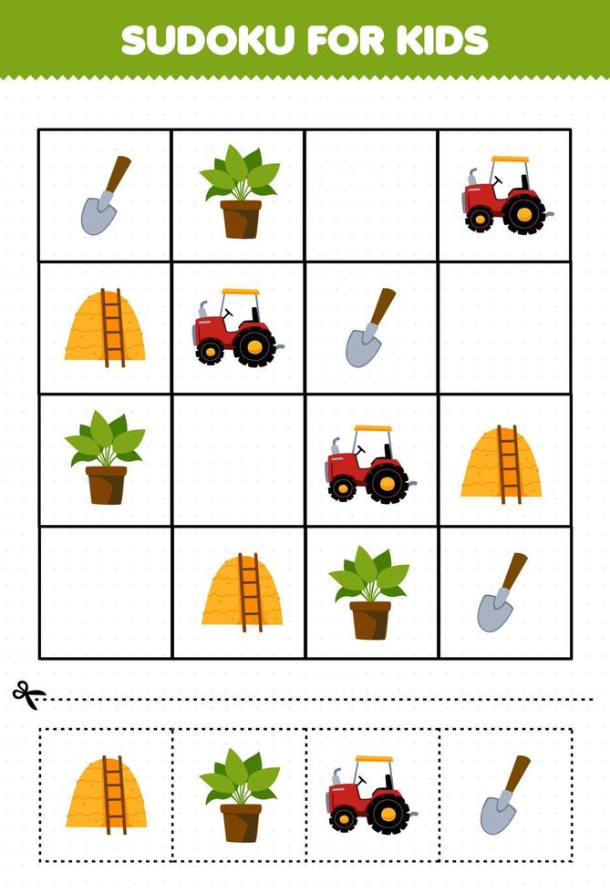 juego educativo para niños sudoku para niños con dibujos animados lindo pala planta tractor pajar hoja de trabajo de granja imprimible vector