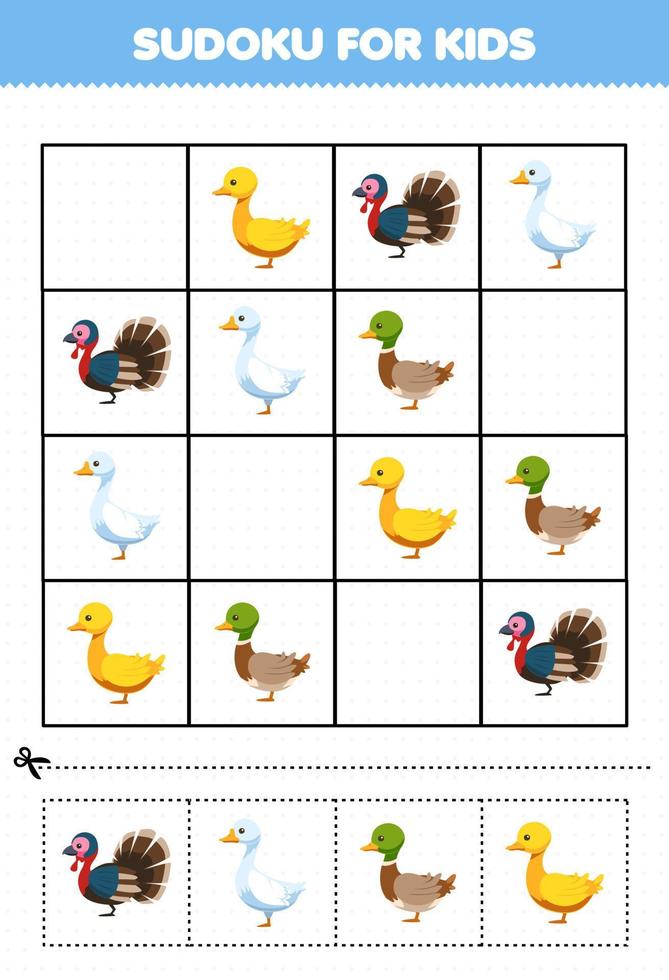 Education game for children sudoku for kids with cute cartoon duck turkey goose printable farm worksheet vector