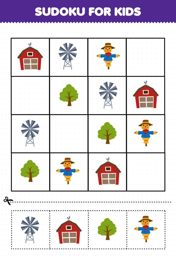Education game for children sudoku for kids with cute cartoon barn windmill scarecrow tree printable farm worksheet vector