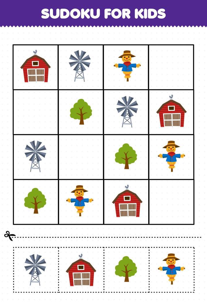 juego educativo para niños sudoku para niños con dibujos animados lindo granero molino de viento árbol espantapájaros hoja de trabajo de granja imprimible vector