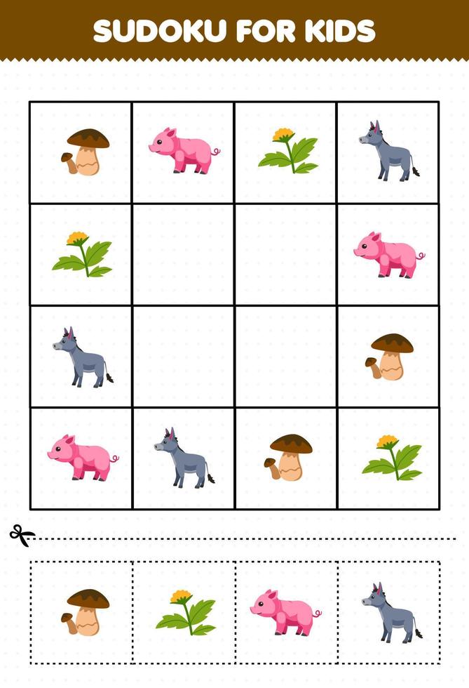 juego educativo para niños sudoku para niños con dibujos animados lindo cerdo burro hongo flor hoja de trabajo de granja imprimible vector