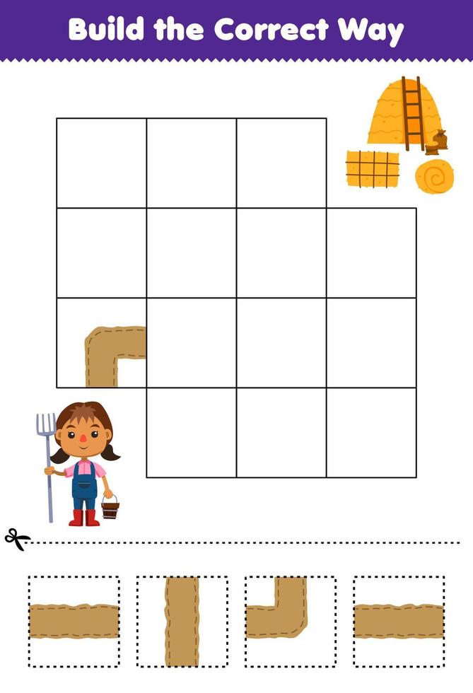 juego educativo para niños construye la forma correcta ayuda a la linda granjera de dibujos animados a moverse al pajar hoja de trabajo de granja imprimible vector