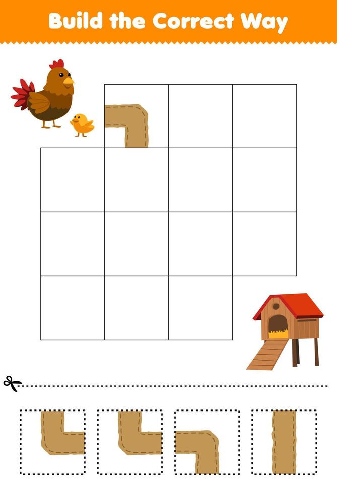 Education game for children build the correct way help cute cartoon chicken move to coop printable farm worksheet vector