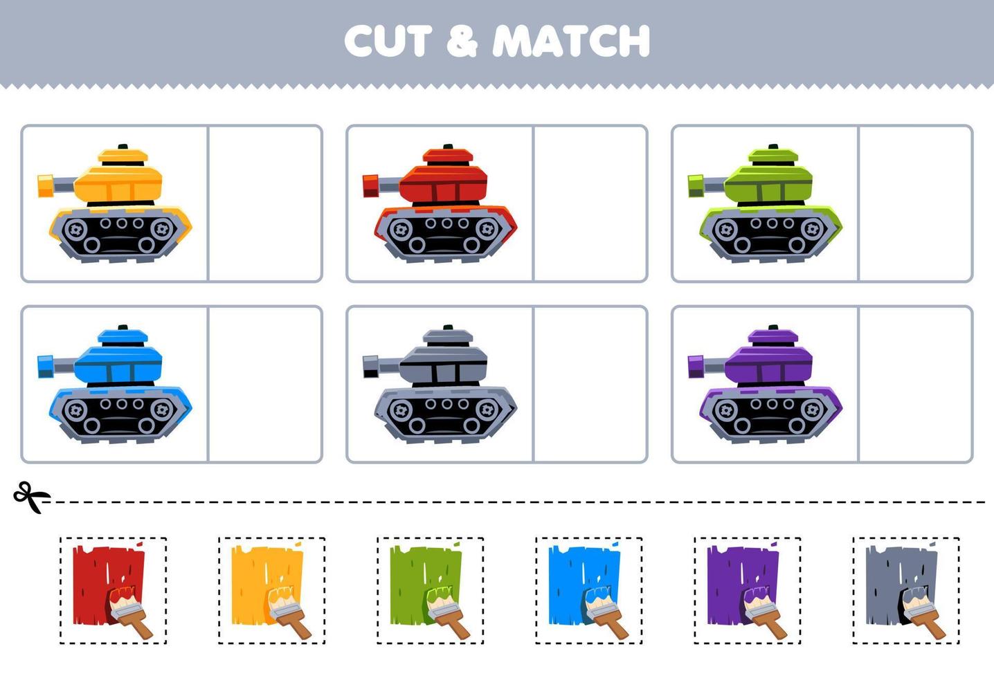 Education game for children cut and match the same color of cute cartoon tank printable transportation worksheet vector
