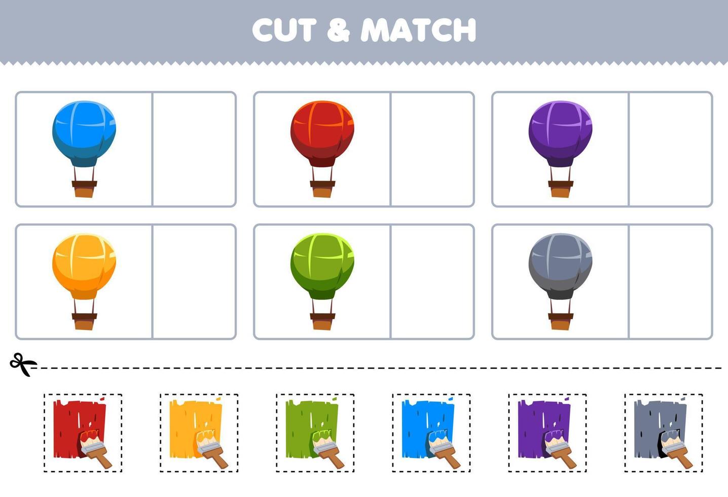 Education game for children cut and match the same color of cute cartoon balloon printable transportation worksheet vector