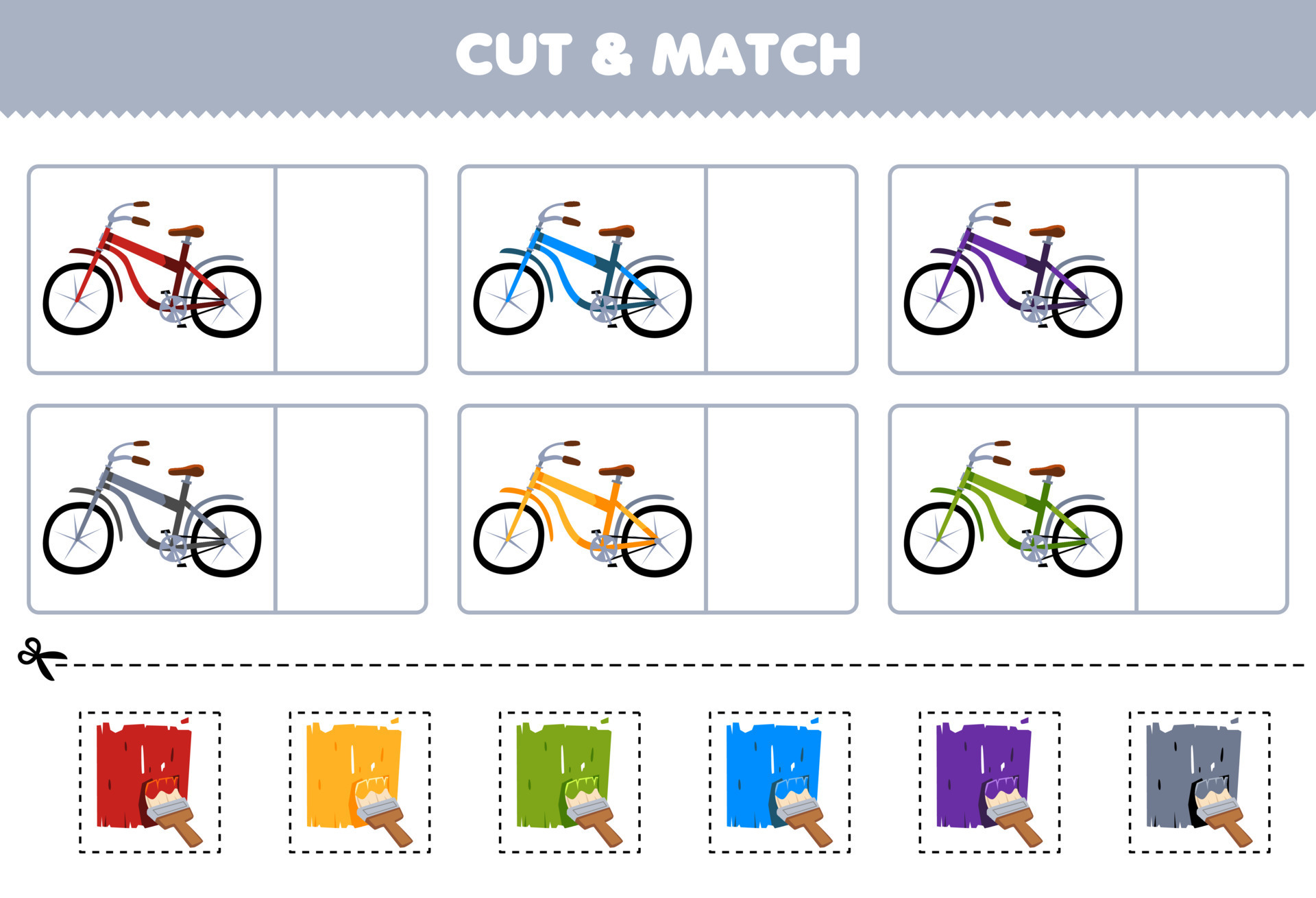 Education game for children cut and match the same color of cute cartoon  bicycle printable transportation worksheet 12595429 Vector Art at Vecteezy