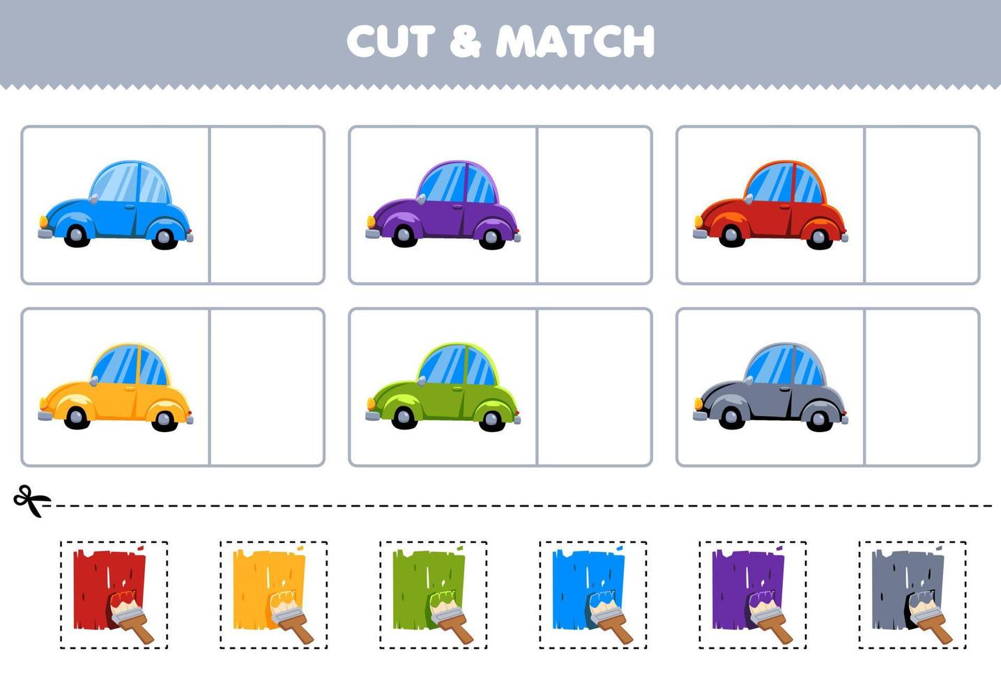 Education game for children cut and match the same color of cute cartoon car printable transportation worksheet vector
