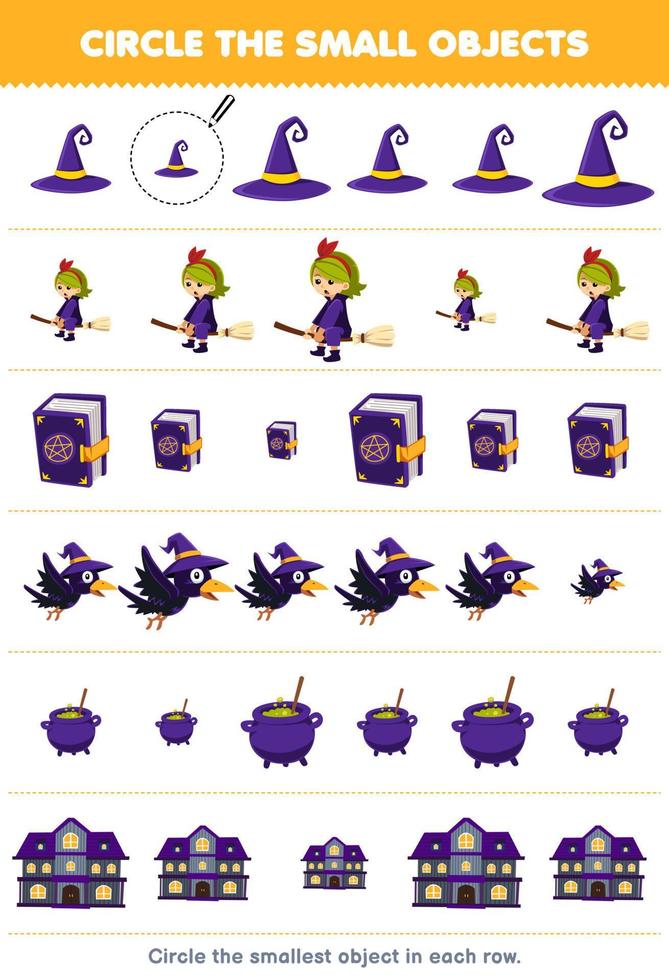 Education game for children circle the smallest object in each row of cute cartoon witch hat spell book crow cauldron spooky house printable halloween worksheet vector