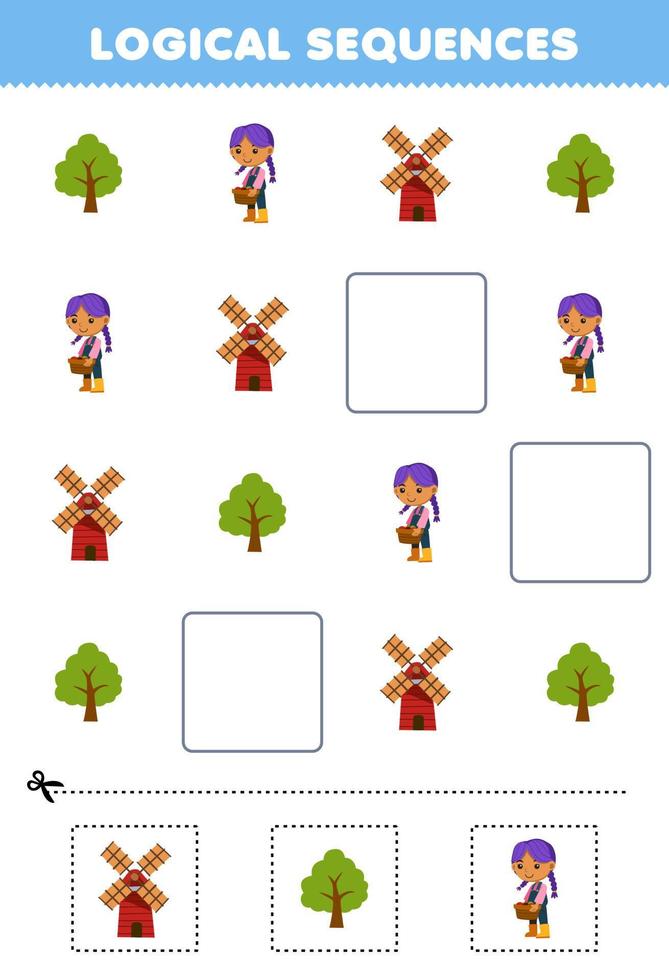 Education game for children logical sequences for kids with cute cartoon tree farmer girl windmill picture printable farm worksheet vector