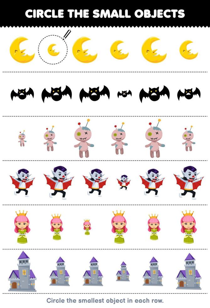 Education game for children circle the smallest object in each row of cute cartoon moon bat voodoo doll dracula queen castle printable halloween worksheet vector