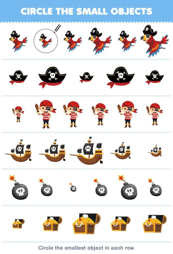 Education game for children circle the smallest object in each row of cute cartoon parrot hat pirate ship bomb treasure chest printable halloween worksheet vector