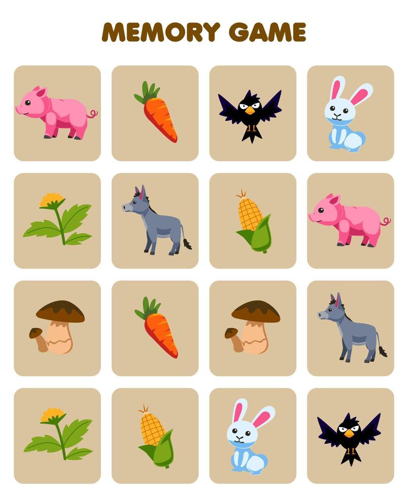 juego educativo para niños memoria para encontrar imágenes similares de dibujos animados lindos cerdo zanahoria cuervo conejo flor burro maíz hongo hoja de trabajo de granja imprimible vector